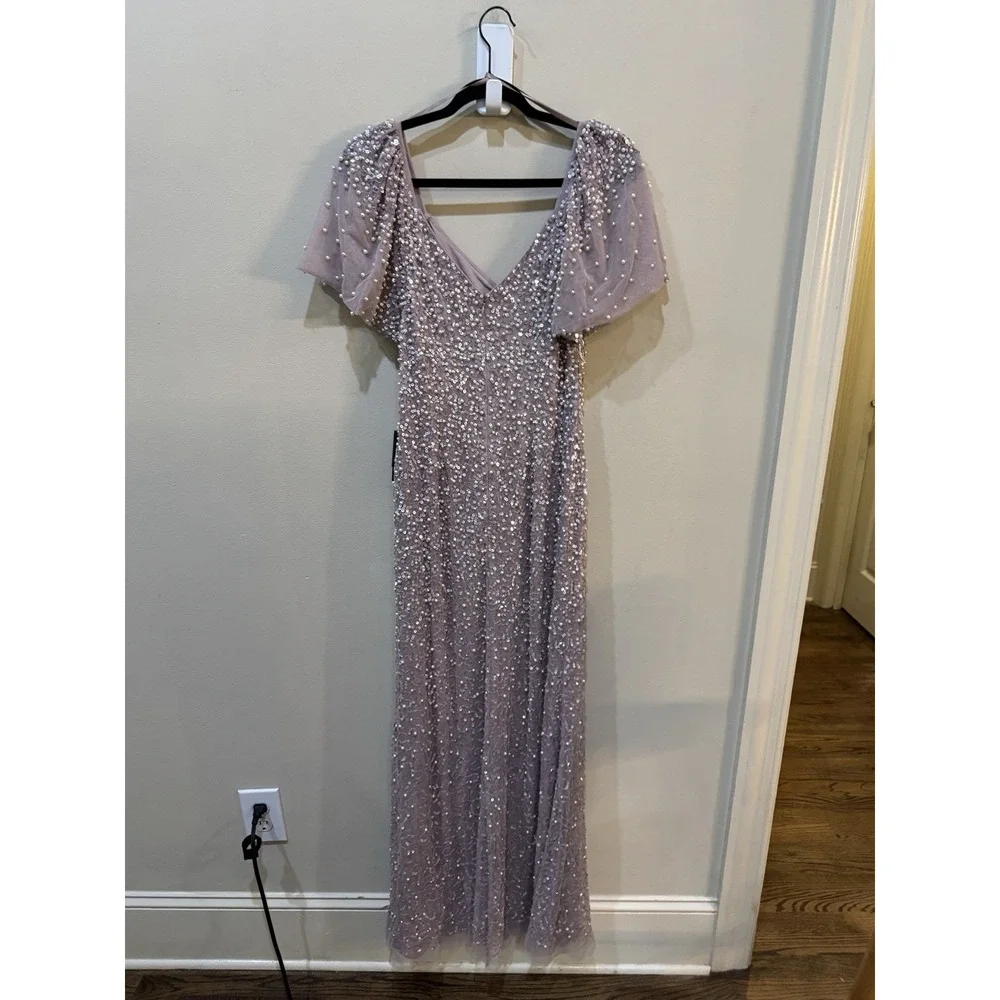 ADRIANNA PAPELL Pink Beaded Mesh Maxi Dress Size 6 Maxi
